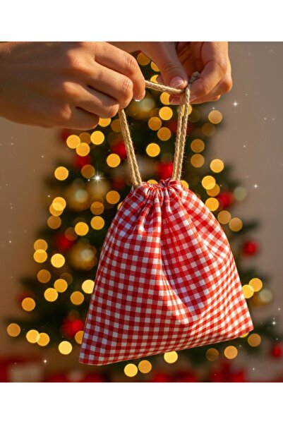 MiniStand Pötikare Kumaş Hediye Kesesi 12x15 cm Kırmızı Beyaz Bez Kese 5'li Set