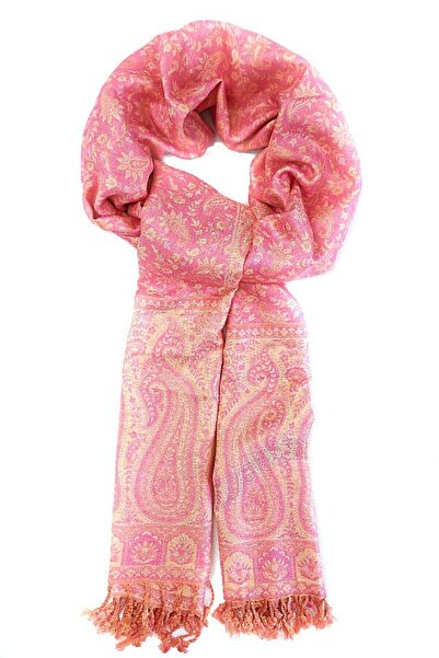 Cara Coral pink reversible cashmere scarf Paisley oriental floral India