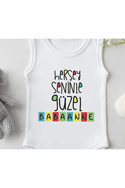 Babix Unisex Bebek Krem Her Şey Seninle Güzel Babaanne Yazılı Zıbın Çıtçıtlı Badi