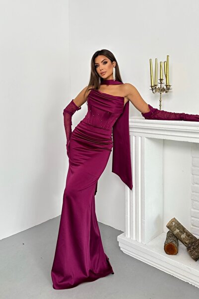 İyem Abiye İncili Şallı Ve Eldivenli Şık Saten Tasarım Abiye Elbise Dar Kalıp