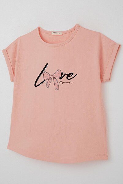 Breeze Girl's T-Shirt Love Themed Text Printed Silvery 9-14 Years Old, Salmon