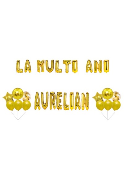 OEM Set baloane „La mulți ani, Aurelian”, decor tort, auriu, 35 buc