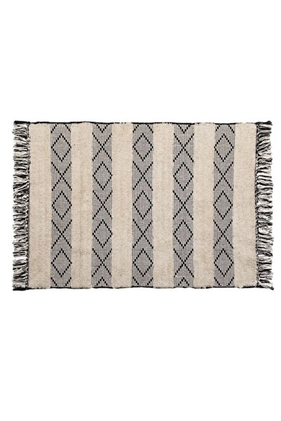 OEM Decorative Winter Cotton Mat Beige Black with Stripes & Fringes 110x80cm