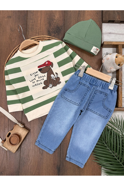 Bolly Baby طقم بيبي بوي من قماش قابل للتمدد قطعة من جينز كيوت دوج مطبوع ستريبس بيريه