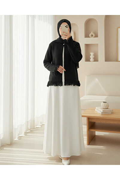 Modamorfo Single Button Fringed Soft Knitwear Cardigan - Black