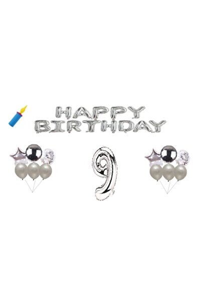 OEM Set baloane aniversare, 9 ani, La mulți ani, argintii, cadou decor tort, ...
