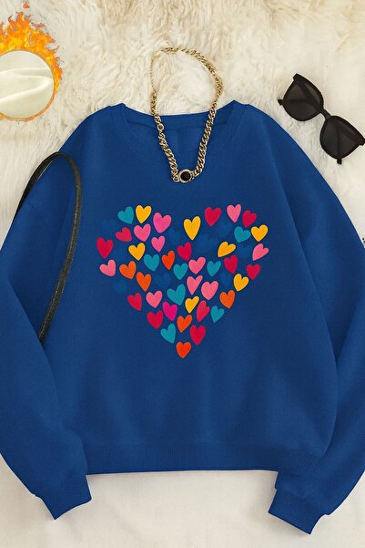 FAVORİST Цветна блуза с качулка и велосипеден яка с принт на сърца