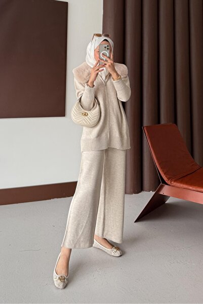 Rimel Moda Fur Collar Knitwear Set Beige