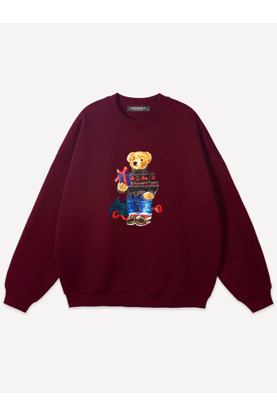 Mad&Calf Unisex Christmas Teddy Printed Crew Neck Oversized Sweatshirt