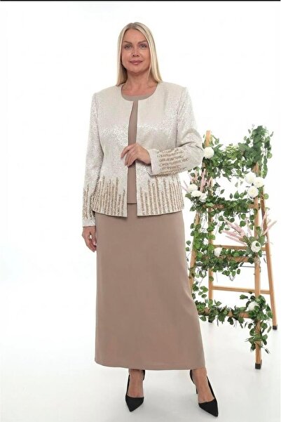MİSS DİAMOND Plus Size Lined Beige Stone Long Skirt Three-Piece Set