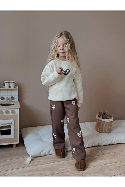 ARBİ kids Girl Child Heart Pattern Three Yarn Fleece-Lined Winter Squishy Brown Suit