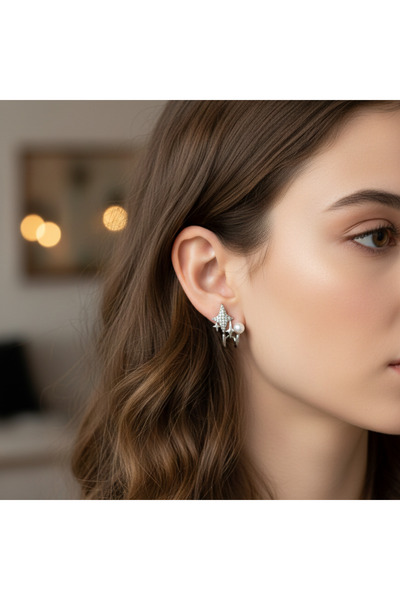 staınless steel Yıldız ve İnci Detaylı Silver Çoklu Görünümlü Küpe