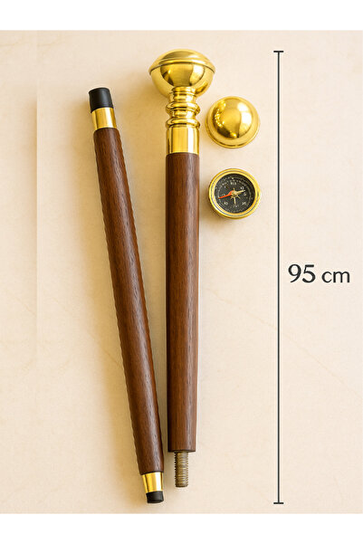 moryconcept Pirinç Pusulalı Baston – 95 cm Ahşap ve Pirinç Detaylı Baston