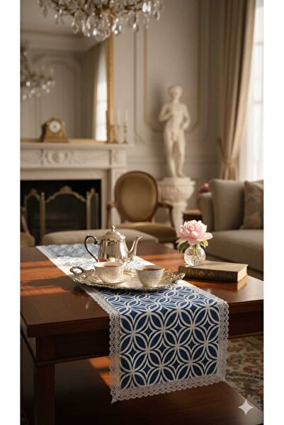 Rona Home Luxury Blue and White Geometric Patterned Lace Fringed Decorative Table Runner