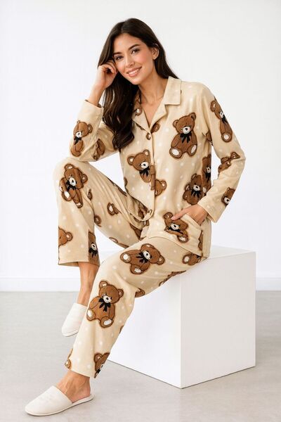 Hepyek Long Sleeve Front Button Suede Pajama Set