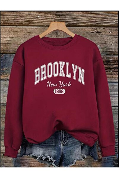 SELENA BUTİK Unisex Crew Neck Brooklyn Burgundy Sweatshirt