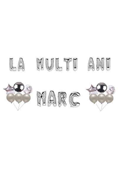 OEM Set baloane „La mulți ani Marc”, decor tort, argintiu, 35 buc