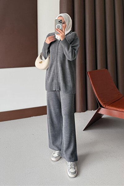 Rimel Moda Fur Collar Knitwear Set Anthracite