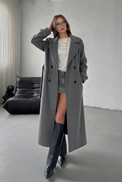 NET OF NOT Gray Belted New Season Lined Premium Quality Comfortable Fit Women's Cashmere Coat