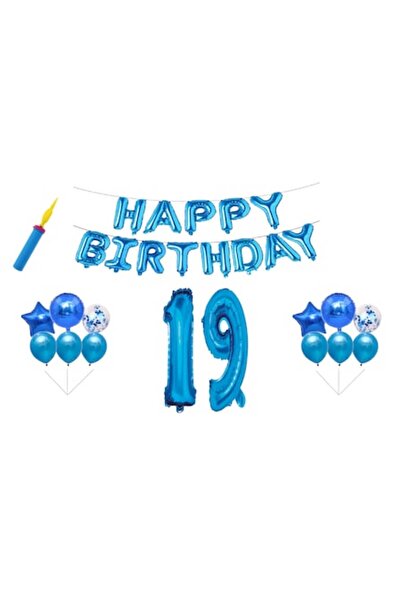 OEM Set baloane aniversare - 19 ani, La mulți ani, albastru, decor tort, 30 buc