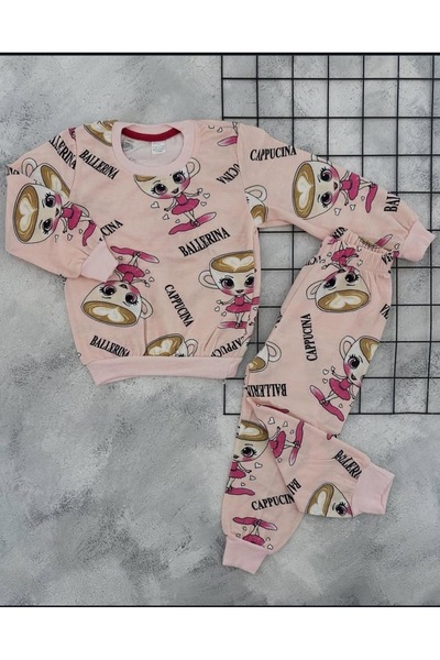 nazarbebe 3-7 Years Old Children's Cotton Inside Cute Ballerina B Printed 2-Piece Sweatshirt Set