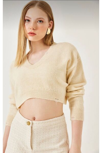 Butikalaçatı Women's Crop Knit Sweater with Ripped Detail
