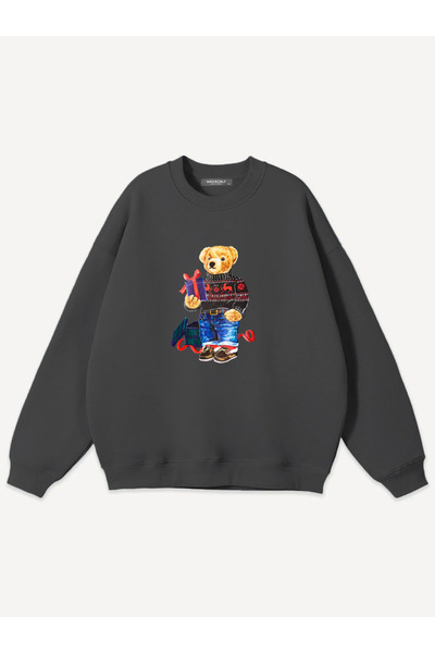 Mad&Calf Unisex Christmas Teddy Printed Crew Neck Oversized Sweatshirt