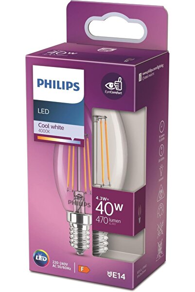 Philips LED classic 40W B35 E14 Mum Tipi Beyaz Işık Dim Edilmez Filament LED ...