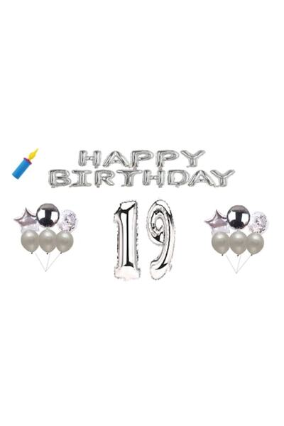 OEM Anniversary balloon set, 19 years, Happy Birthday, silver, cake topper, 3...
