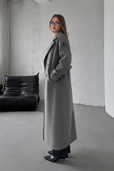 NET OF NOT Gray Belted New Season Lined Premium Quality Comfortable Fit Women's Cashmere Coat
