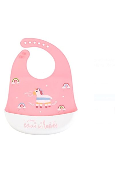 OEM Bavetă din silicon cu buzunar, roz, unicorn, curcubeu, „Crede în unicorni...