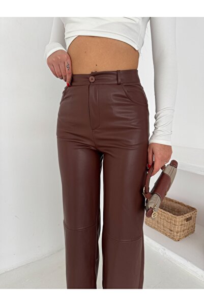 winmoda High Waist Wide Leg Black Faux Leather Pants