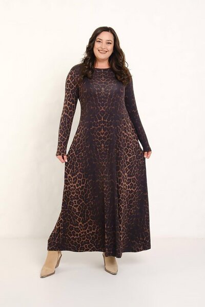 Truva XXL Women's Leopard Pattern Trend Maxi Dress - Stretch Fabric Cotton Long Sleeve