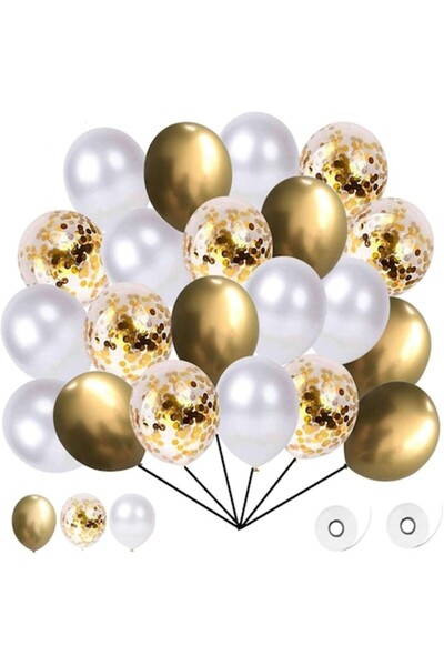 OEM Set of 60 Balloons, Latex, Confetti, 10x20x30, Gold/White