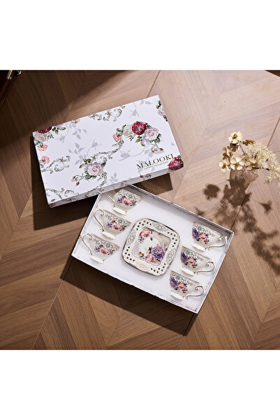 Malooki Set of 6 Porcelain Cups with Saucers – Vintage Floral Design, 90 ml