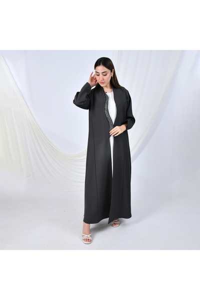 HAWRAA ABAYA Elegant abaya design combining simplicity and luxury, featuring a quarter-circle cut and embellished edges | Gray