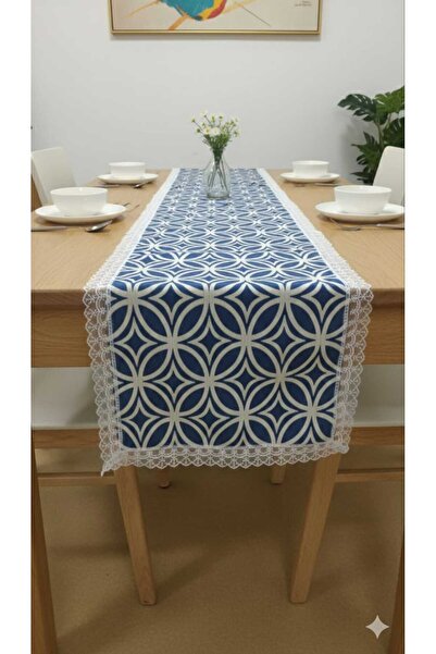 Rona Home Luxury Blue and White Geometric Patterned Lace Fringed Decorative Table Runner