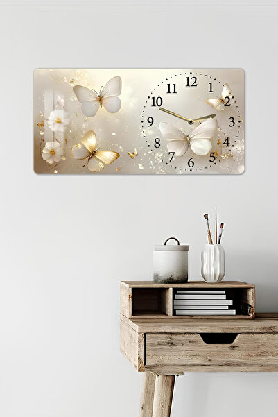 kutuTR 3D Görünümlü 2D UV Baskı Yatay Temperli Cam Saat Tablo – Kelebek ve Çiçek Desenli – 60x30 cm-YSG043