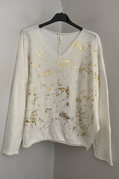 AYASOFYA OTANTIK Γυναικεία ιταλική μπλούζα με λευκή λαιμόκοψη σε σχήμα V με μοτίβο με βούρτσα