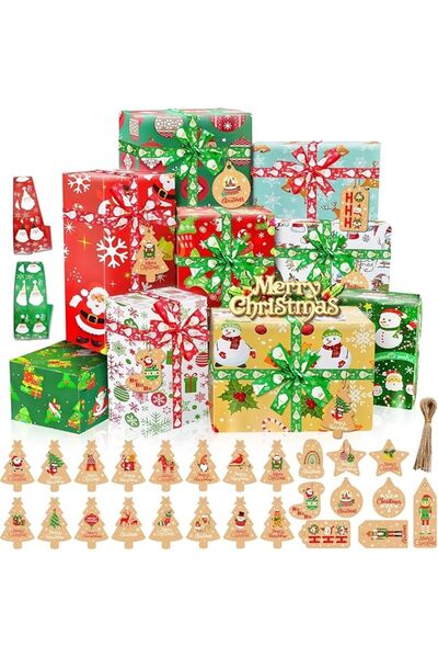Generic Christmas Wrapping Paper, 12 Sheets Christmas Gift Wrapping Paper with 50Pcs Tags and 2Pcs Ribbon fo