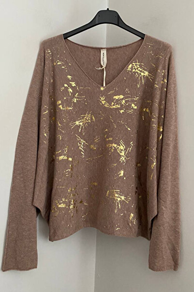 AYASOFYA OTANTIK Women's Italian Mink V-Neck Gilded Brush Pattern Blouse