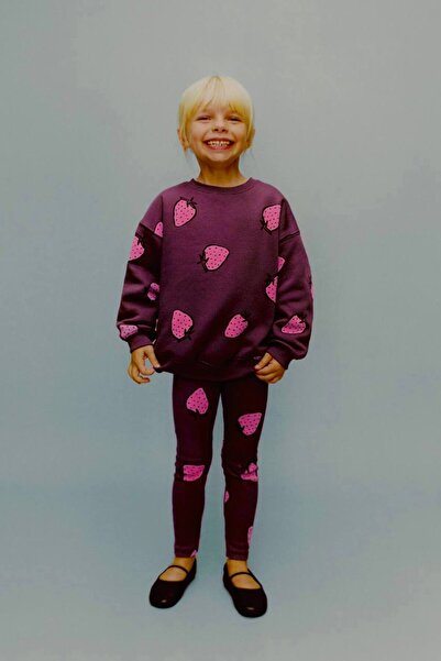 ARBİ kids Girls' Strawberry Print Burgundy Leggings Three-Thread Winter Thick Full-Fit Suit