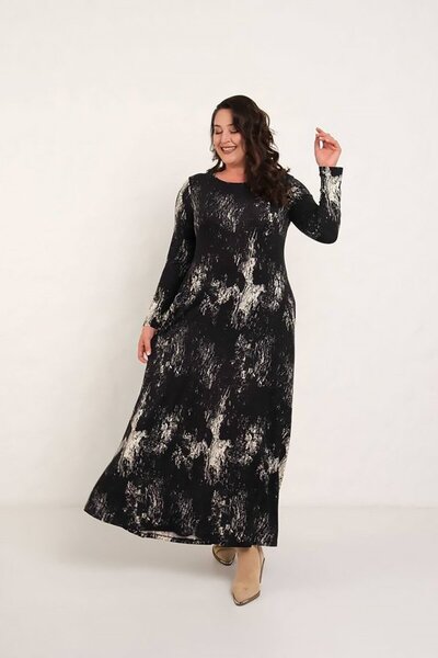 Truva XXL Timeless Black and White Patterned Maxi Dress - Stretch Fabric Women's Long Sleeve