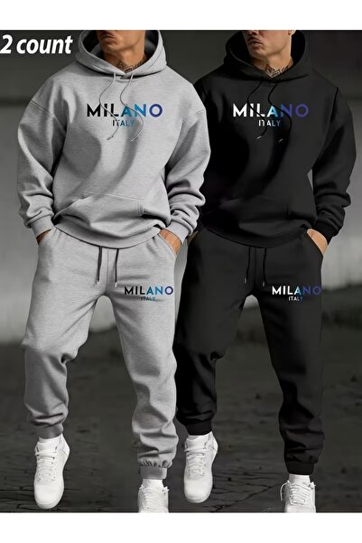 PAVRO Tracksuit Set Sweatshirt Jogger - Oversized Fleece-Lined 2-Piece Black/Gray Printed Hooded