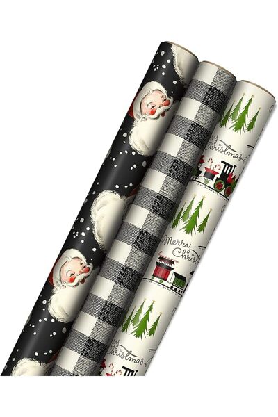 Generic Hallmark Black Christmas Wrapping Paper with Cut Lines on Reverse (3 Rolls: 120 sq. ft. ttl) Retro S