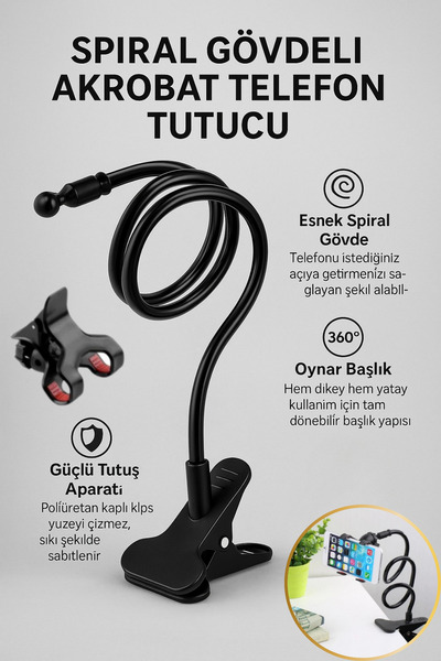 Hane Dostu Spiral Gövdeli Akrobat Telefon Tutucu – 360° Oynar Başlıklı Esnek ...