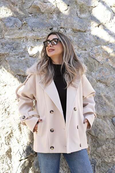 bytugcekaya Cream Standard Size Collar Fur Detailed Cashmere Jacket