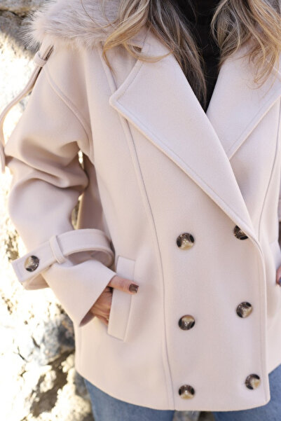 bytugcekaya Cream Standard Size Collar Fur Detailed Cashmere Jacket