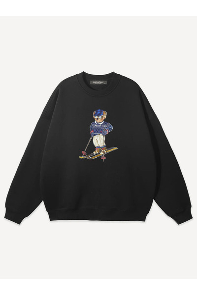 Mad&Calf Unisex Teddy Skier Printed Crew Neck Oversized Sweatshirt