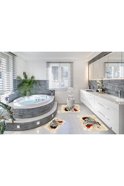 ZUBI HOME Set of 3 Bath Mats 60x90, 60x45, 40x60 Non-slip Butterfly Pattern Cream